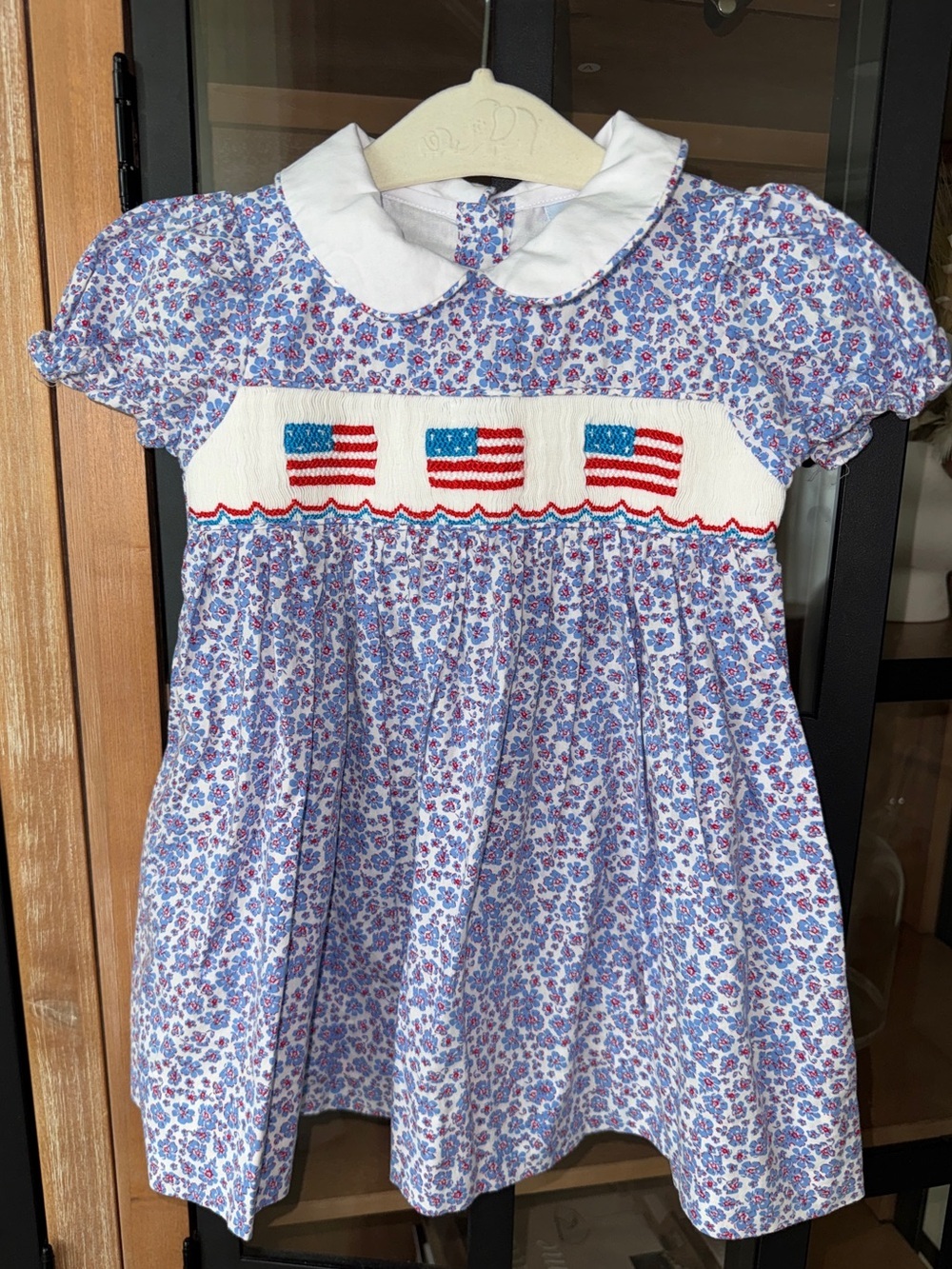 USA Flag smocked dress floral american 250 4th of july short sleeve puff toddler